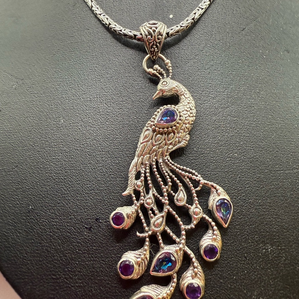 Silver and Purple Peacock Necklace with Intricate Design